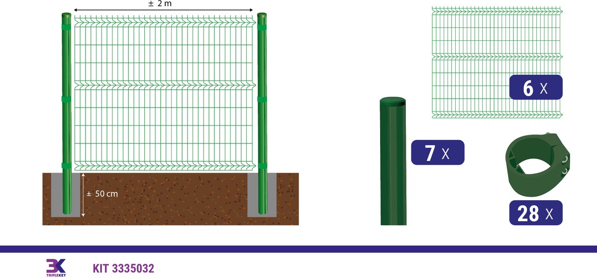 KIT 17 draadpaneel + palen en klemmen, lengte 12m, hoogte 173cm, kleur groen RAL 6005