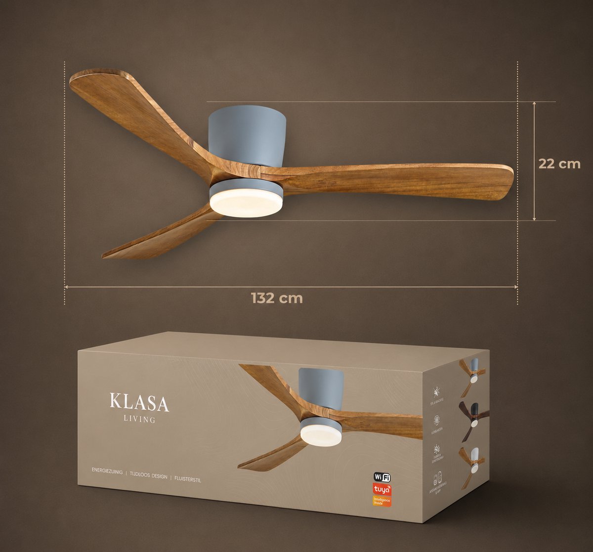 Smart Plafondventilator met Verlichting - Grijs + Hout - Ø 132 cm - Stille Motor <25dB - Handige App - Dimfunctie - Plafond Ventilator met Verlichting - Plafondlamp met Ventilator thumbnail 7