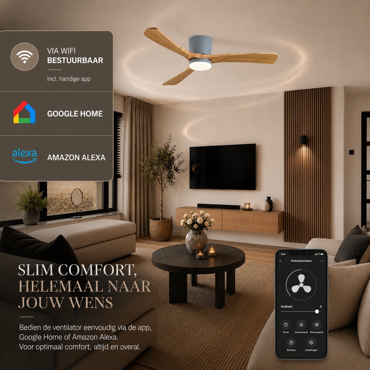 Smart Plafondventilator met Verlichting - Grijs + Hout - Ø 132 cm - Stille Motor <25dB - Handige App - Dimfunctie - Plafond Ventilator met Verlichting - Plafondlamp met Ventilator thumbnail 3