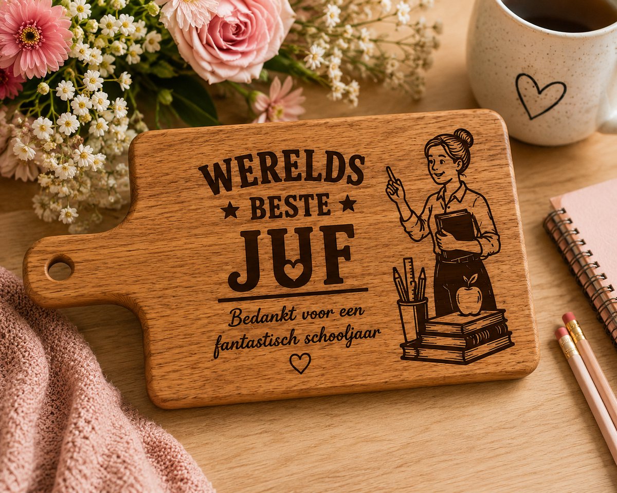 Juf Cadeau – Gegraveerde Houten Snijplank Acaciahout 35 x 20 cm – Bedankje voor Juf – Afscheid Cadeau Schooljaar – Cadeau Leerkracht