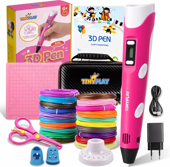 Boîte, stylo 3D rose, étui de rangement, filament PLA coloré, tapis de dessin, ciseaux pour enfants, supports de stylo, chargeur et câble USB.