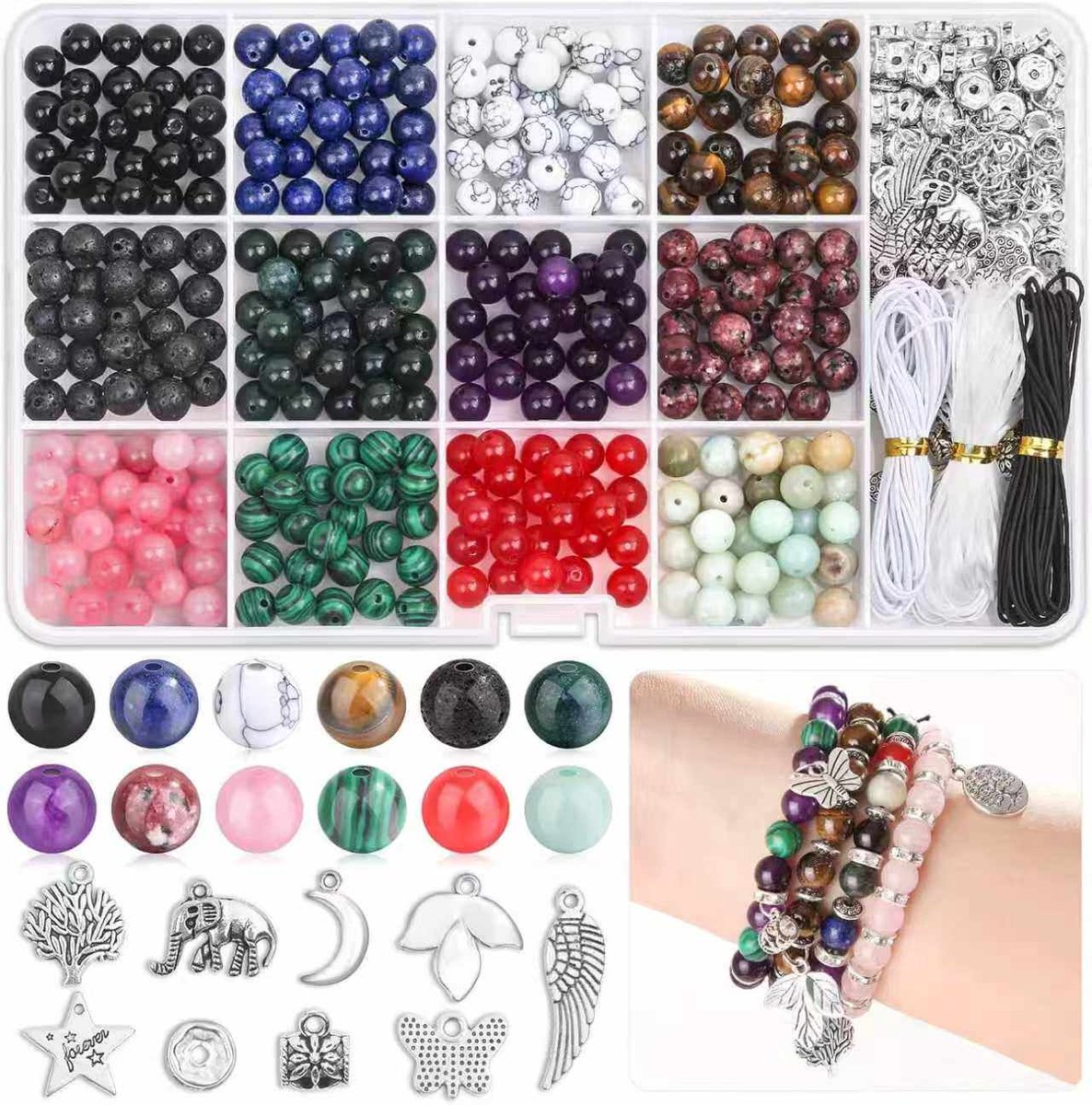 Meedeer Kralenset–Armbanden maken–Glas Kralen Set voor armbanden–Lakproces-12 kleuren Natuurstenen voor doe-het-zelf sieraden, oorbellen, knutselen