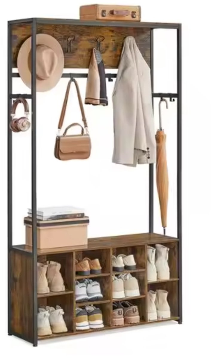 LeeuwenChoice® Kapstok Kledingkast Schoenenrek 3-In-1 - Garderoberek - Vintage Bruin Houtlook - 32x100x180cm – foto 2