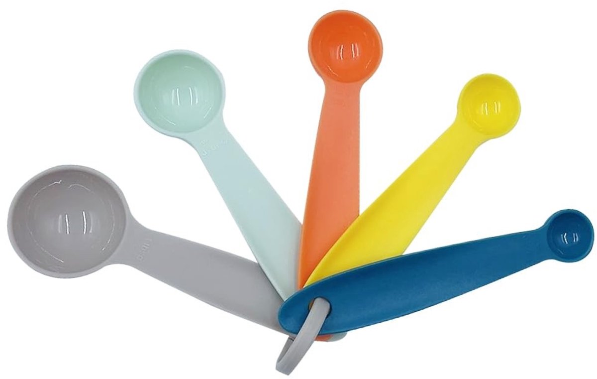 Dailygoods- Meetlepelset 5 kleuren - Maatlepels kunststof - Capaciteiten 1/4tsp tot 1elbsp - Duurzaam en lichtgewicht - Nauwkeurig afmeten - Handig voor koken en bakken