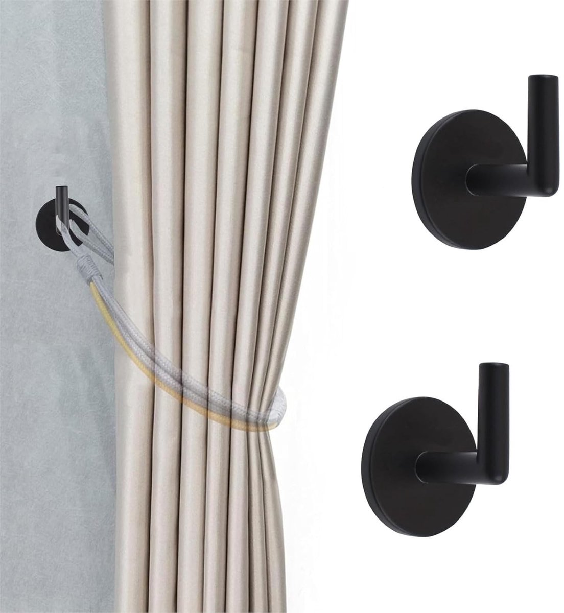 Dailygoods- Gordijnhaken 4 Stuks - Zelfklevende Wandgemonteerde Houders - Metalen Wandhaak - Hoogwaardig Metaal - Zwart - Duurzaam Ontwerp - Wandhaken