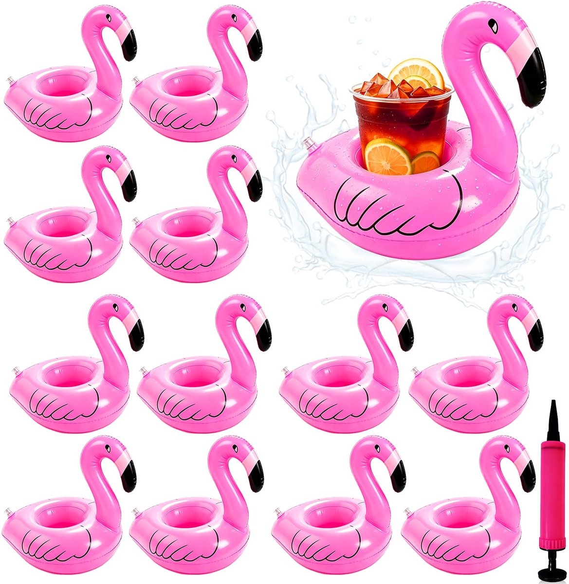 Dailygoods - 12 Stuks Opblaasbare Flamingo Bekerhouder voor Zwembad - Inclusief Luchtpomp