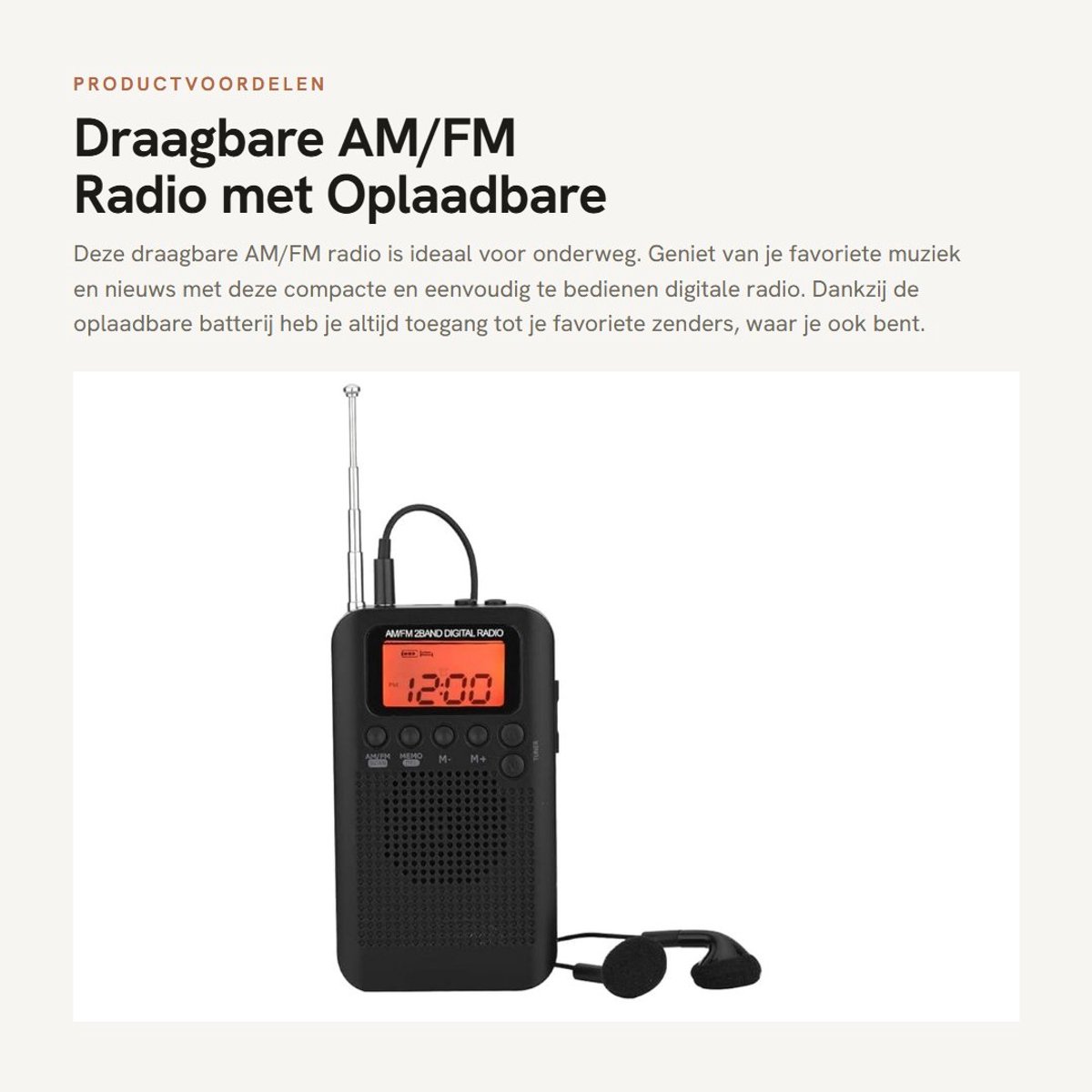 Dailygoods- Draagbare Radio - Digitale AM/FM Radio - Zakradio met Oplaadbare Batterij - Stereo Geluid - Hoofdtelefoon Inclusief - Compact Ontwerp