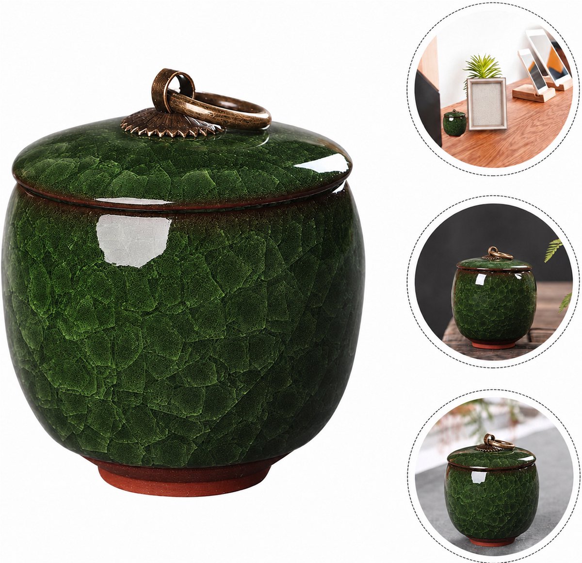 Keramische Gedenkurn - Mini urn van keramiek - Ljskraakpatroon - 70ml - Gedenkurn voor mens en huisdieren - Donkergroen