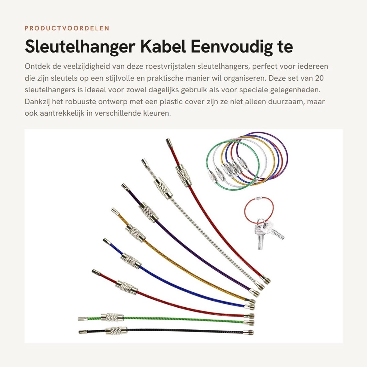 Solidchoice- Sleutelhanger 20 stuks - Roestvrij Staal - Kabel Sleutelhanger - Verstelbaar - Kleurrijk - Eenvoudig te installeren - 15 cm lengte