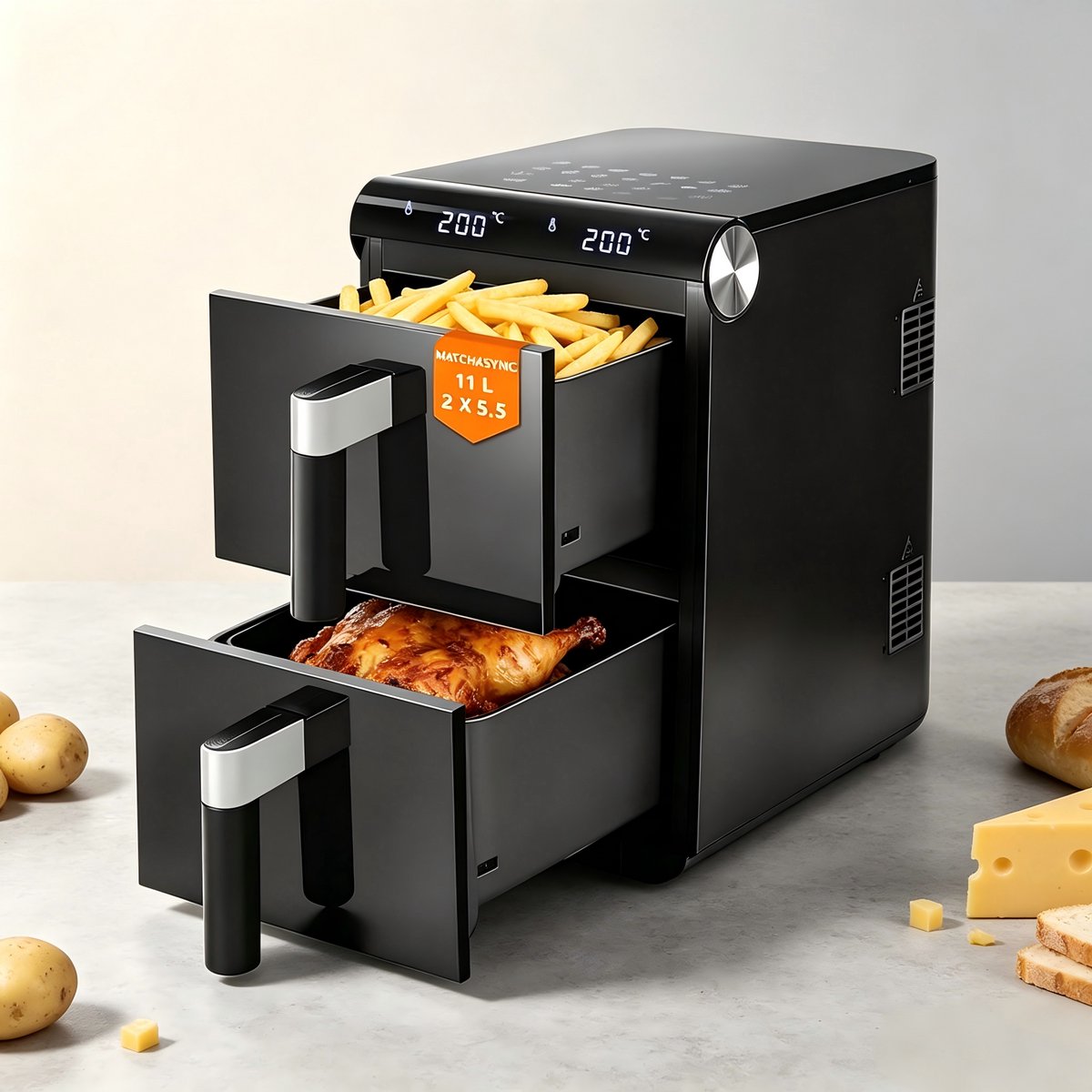NETTLIFE Airfryer Dubbele Kamer 11L 2800W - 13-in-1 Touchscreen Met Timer - Vaatwasserbestendige Manden - Familie Model