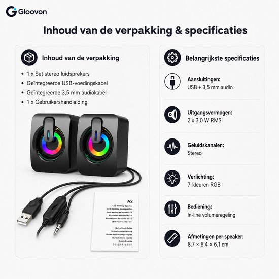 Luidsprekers voor PC - RGB Verlichting - Plug & Play - 3.5mm Audio Kabel - Zwart van Merkloos — afbeelding 2