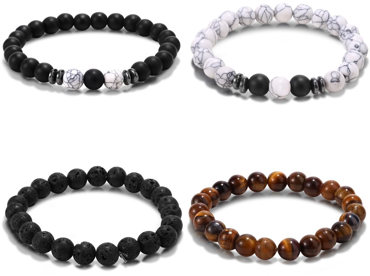 Solidchoice- Herenarmbanden 4 Stijlen - Elastische Kralenarmbanden - Verstelbare Sieraden - Steen/Metaal - Diameter 8 cm - Geschikt voor Vrouwen/Mannen - Kralenarmband
