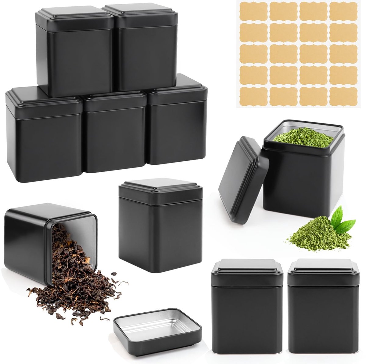 Dailygoods- Theedoos 10 stuks - Voedselveilig Metaal - 7 x 7 x 8,5 cm - Voor losse thee - Inclusief 20 etiketten - Duurzaam en lichtgewicht - Opbergdozen