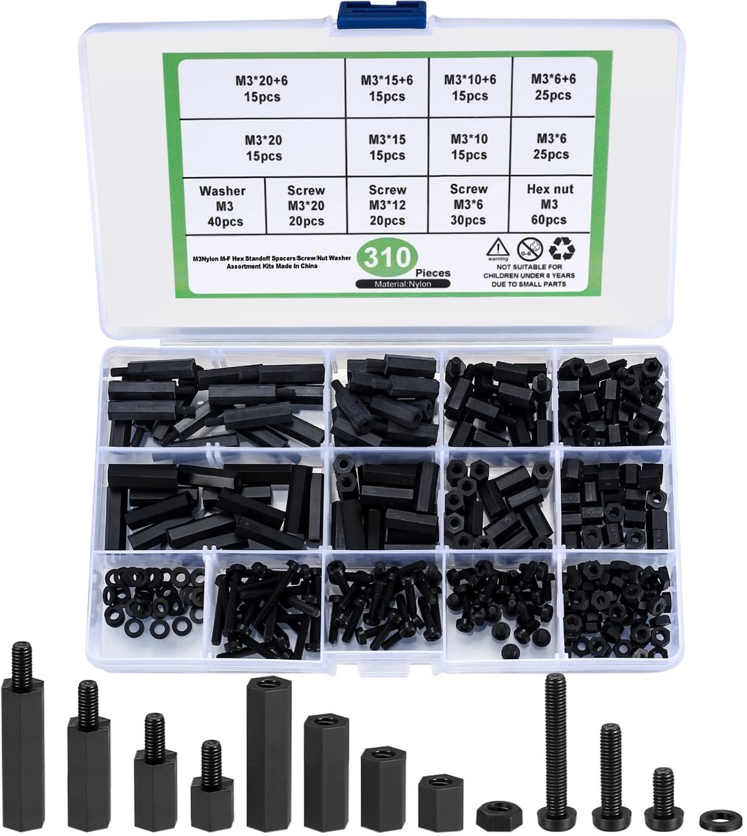 Dailygoods- Schroeven M3 Nylon - 310 Stuks - Afstandhouders - Betrouwbaar en Duurzaam - Corrosiebestendig - Slijtvast - Ideaal voor Doe-Het-Zelf - Bevestigingsmateriaal