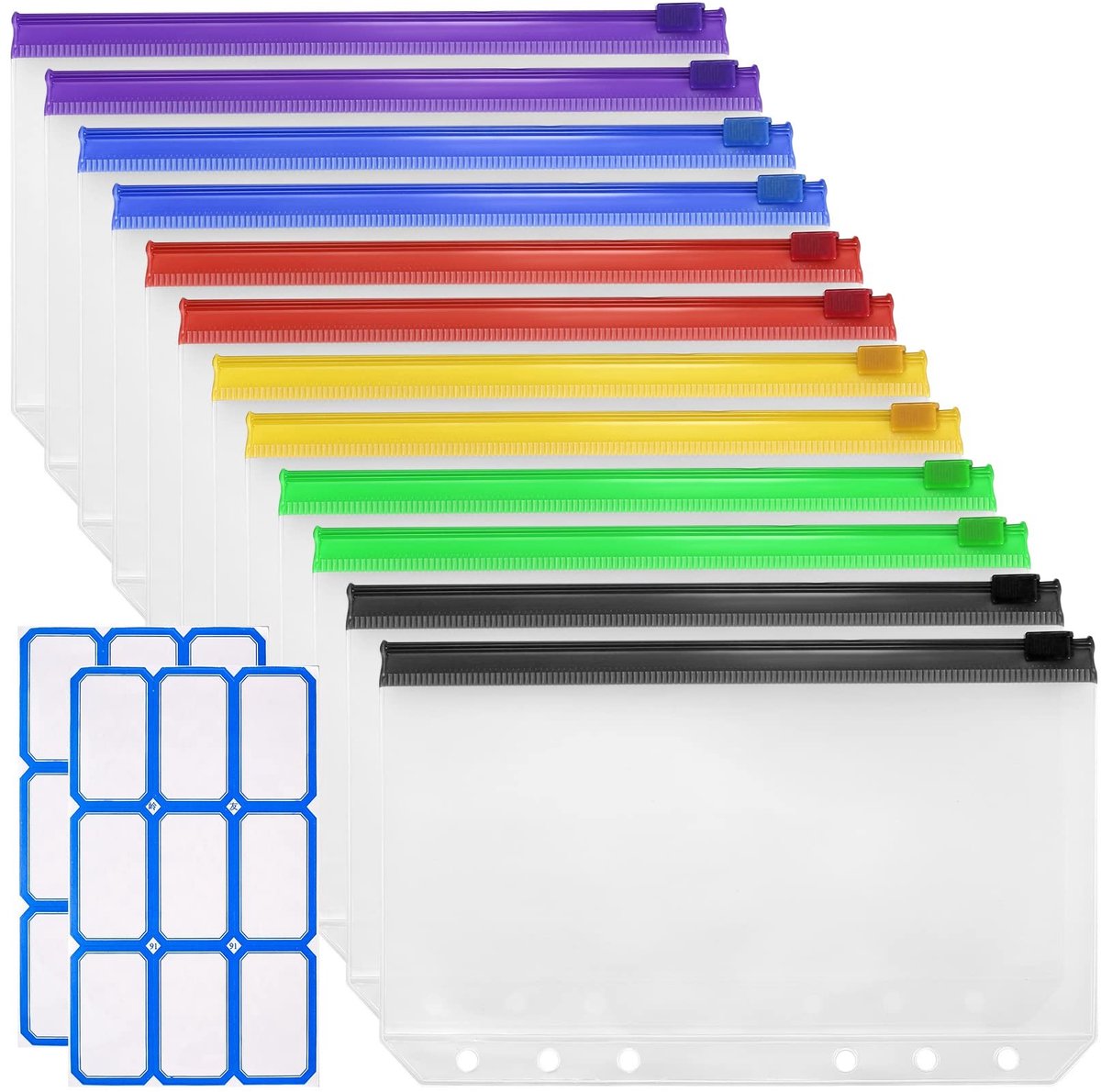 Dailygoods - 12 Stks A6 Documenttas, Ritssluiting Zakje, Waterdichte Kunststof Documentenmap met Rits voor Documenten, Bestand, Papier, Cosmetica, Kantoorbenodigdheden, Geleverd met Stickervellen