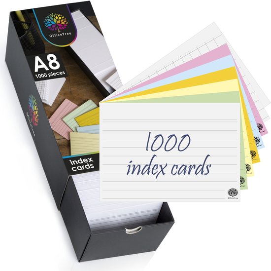 Boîte de 1000 cartes index A8, multicolores, lignées. Avec logo kantoorboom.