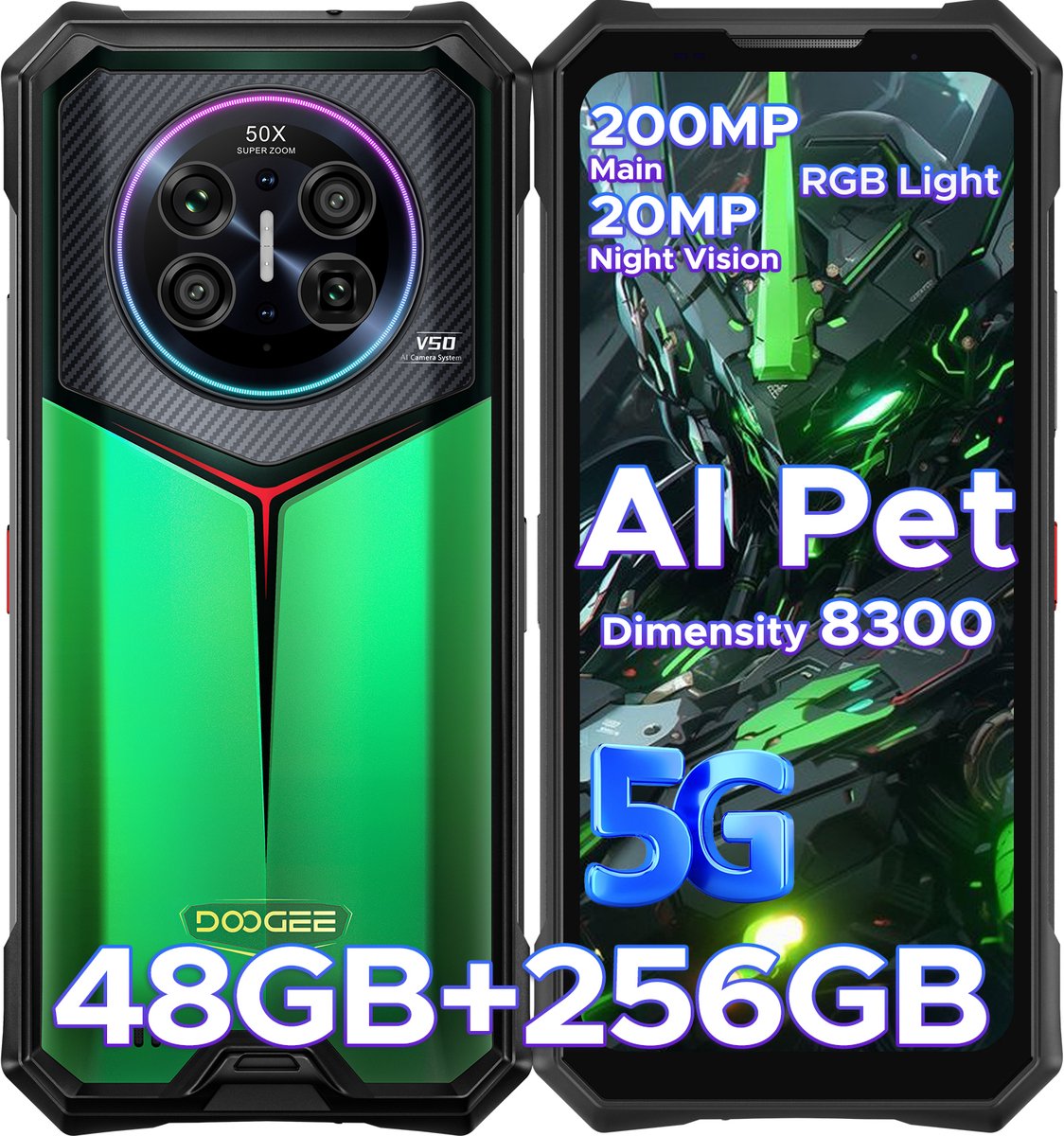 DOOGEE V50 5G - Robuuste Smartphone - 48GB RAM + 256GB ROM / 2TB TF - Android 16 - Dimensity 8300 - 11000mAh/66W - RGB sfeerlicht- 6.78 inch FHD+ &120HZ - 200MP + 32MP -NFC - Face ID - Gemini AI - WIFI6E - Vingerafdrukherkenning - GPS - Groen