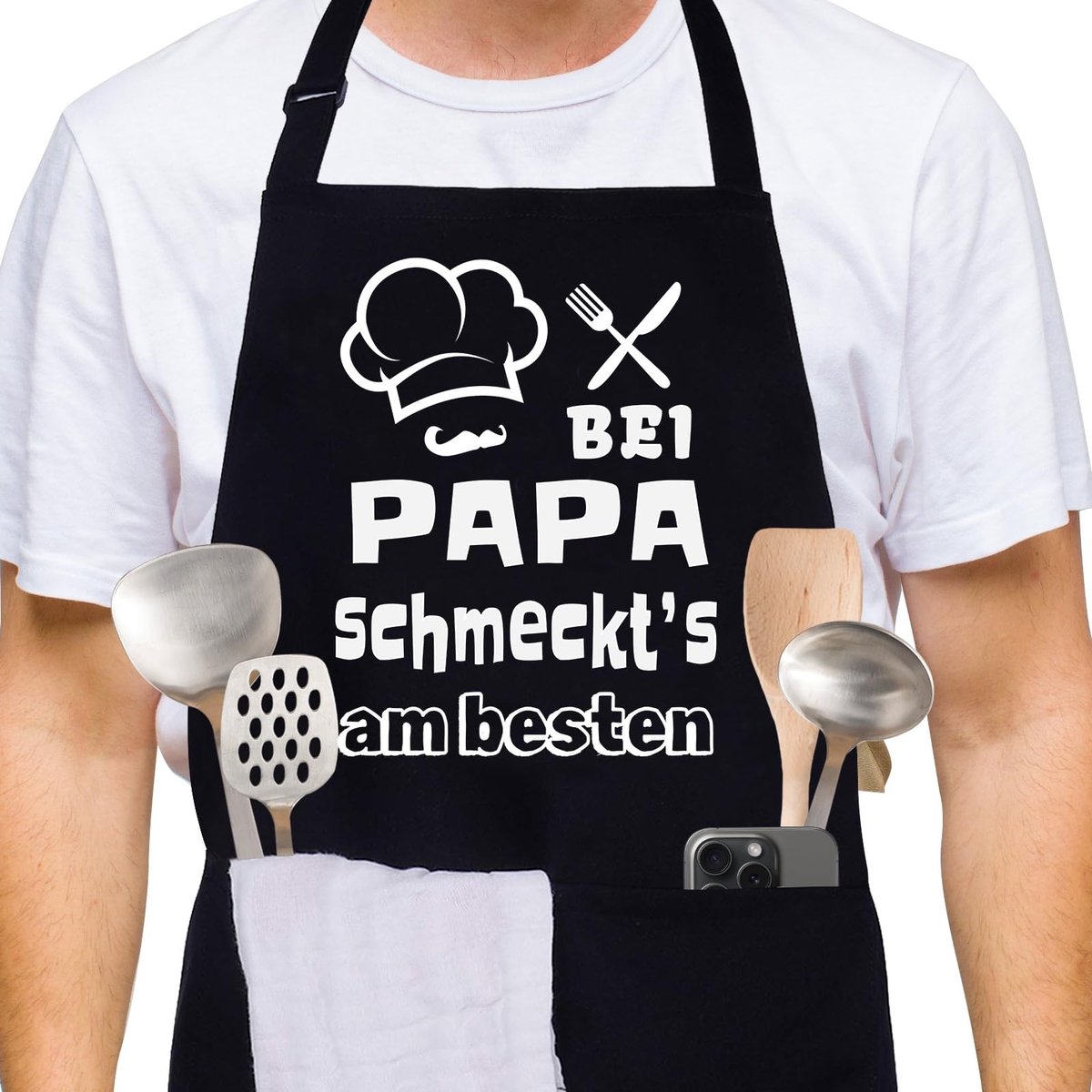 Dailygoods- Keukenschort zwart - Katoenen schort - Verstelbaar schort - Grappig schort - Kookschort heren/dames - Met zakken