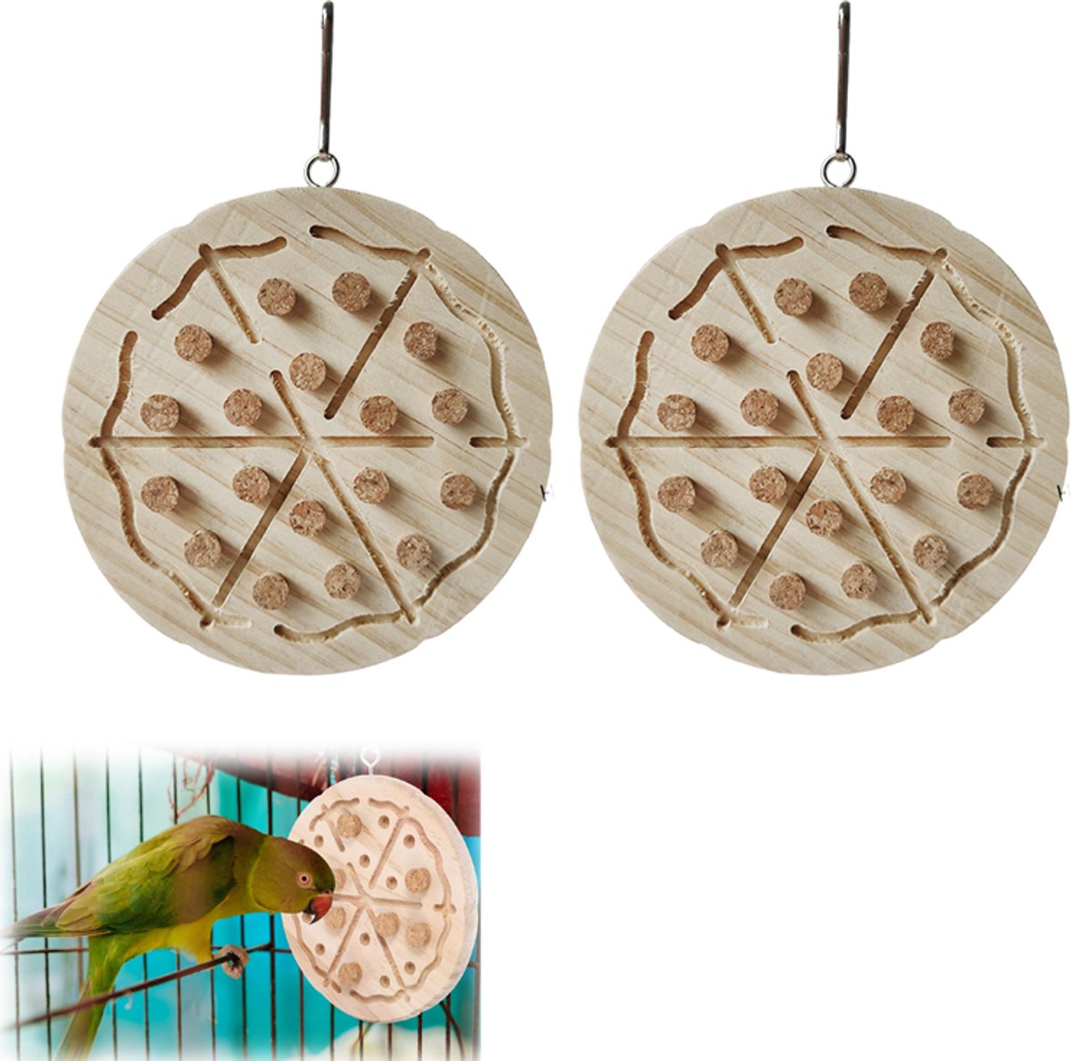 2 stuks - Vogel Speelgoed Parkiet - Kauwspeelgoed Vogel - Ophangbaar Vogelkauwspeelgoed - Vogel Speelgoed - Rond voedselzoekbord 13cm met kurkpluggen - voor grasparkieten, conures en andere vogels