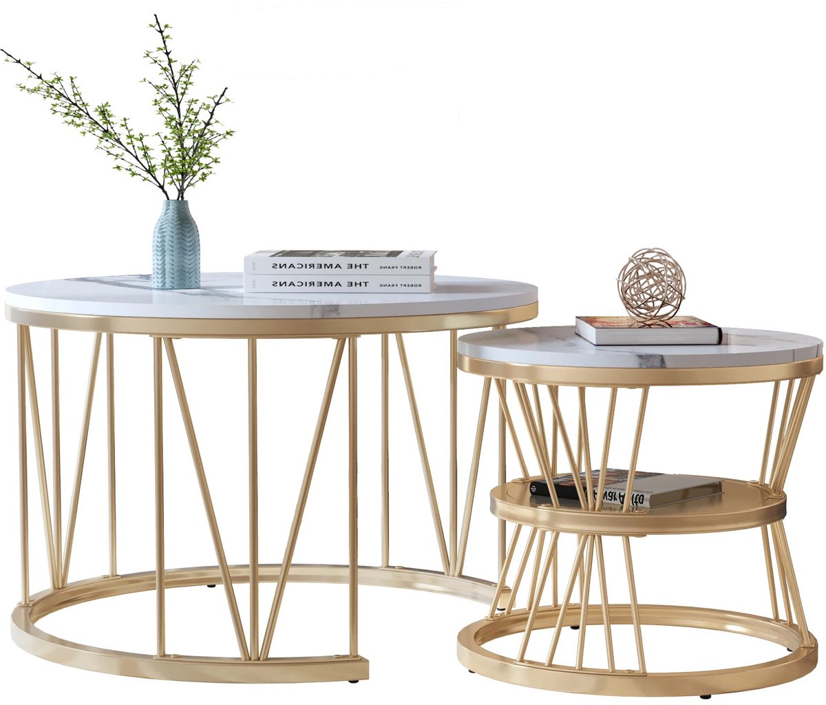 Noventra salontafel-salon tafel set van 2-bijzettafels-salontafel rond-salontafel rond-70x70x45 cm-45x45x40 cm-goud/wit-hout-