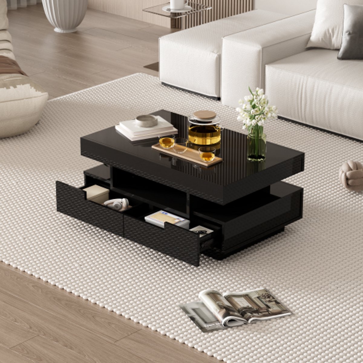 LemonBest Salontafel met LED 80 x 50 x 36 cm - Hoogglans Koffietafel met 4 Laden en 3 Open Vakken - Opbergtafel voor Woonkamer - Zwart