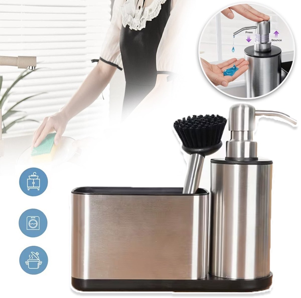 Keukenopbergset Voor De Gootsteen – 3-In-1 Roestvrijstalen Organizer Met Zeepdispenser En Borstel – Antislip Siliconen Basis – Ruimtebesparend – Zilver & Zwart