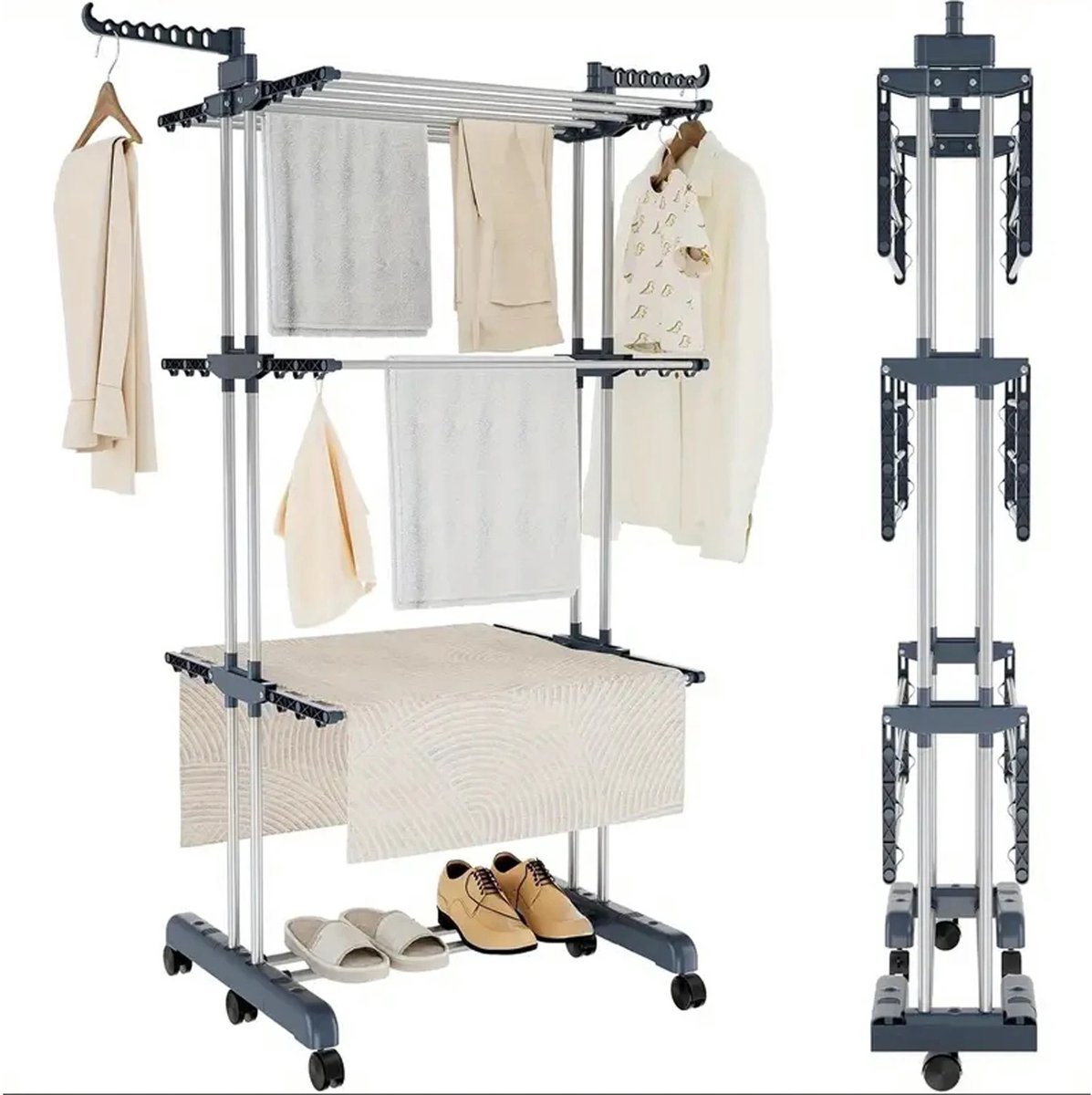 Solidchoice - Dailygoods Droogrek 3-laags verstelbare rollende washanger met opvouwbare vleugels Grote kledingdroger met zwenkwielen