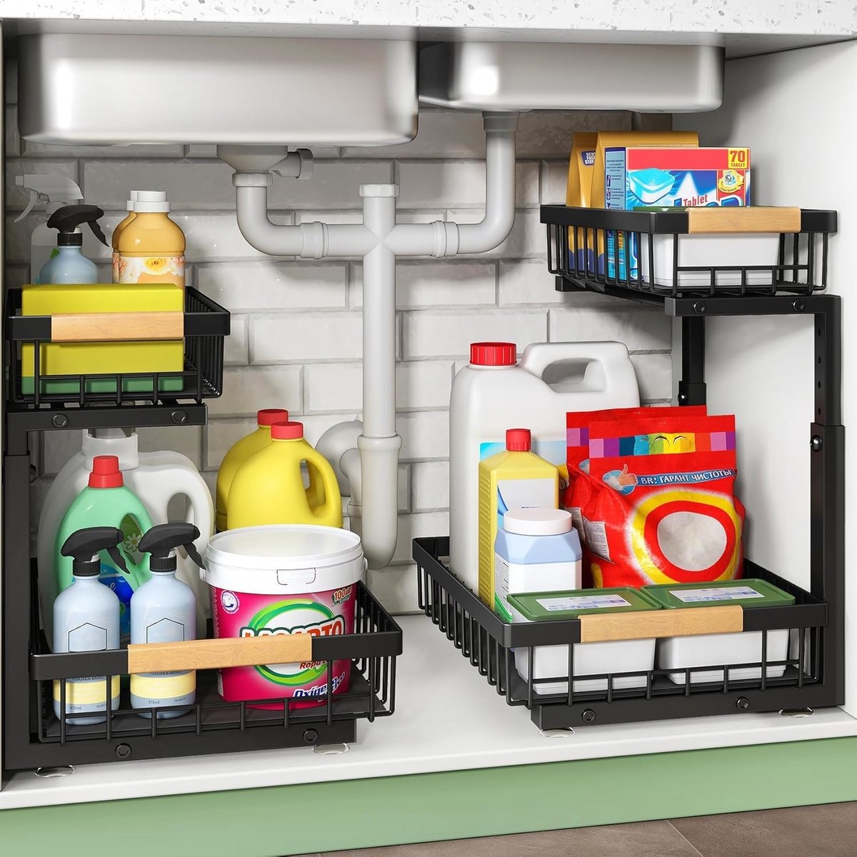 Solidchoice- Opslag 2-pack - Onder de gootsteen organizer - 2-laags metalen - Keukenopslag - Schuifrailontwerp - Houten handgrepen - Keukenorganizer