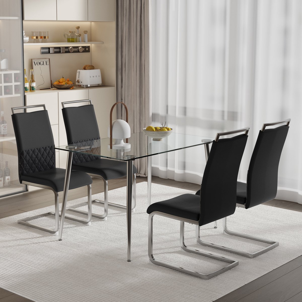 Moderne eetkamerstoelen, set van 4, PU-leer en linnen rugleuning, hoge gestoffeerde stoel, horizontale strepen op de rugleuning, geschikt voor eetkamer, keuken, gastenkamer of kantoor, Zwart