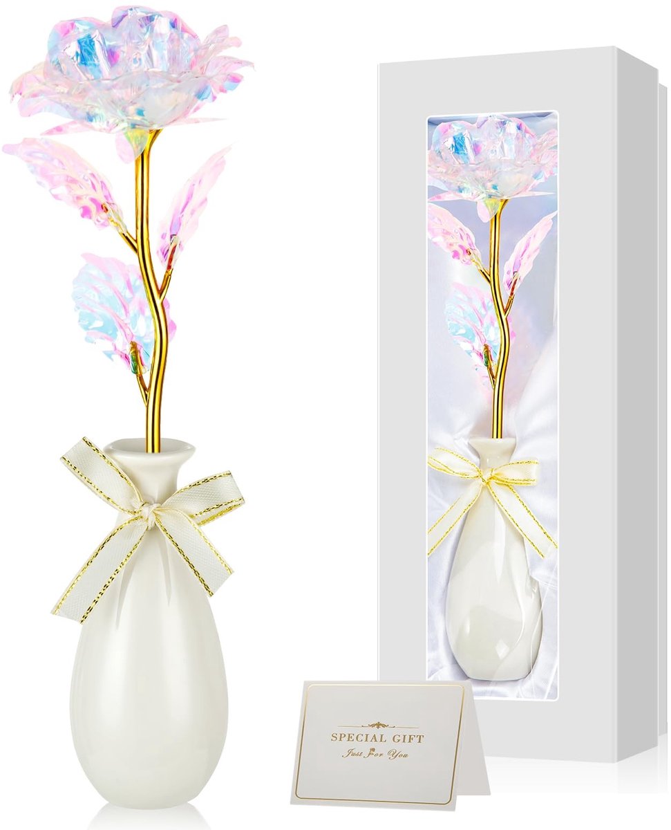 Dailygoods- Eeuwige Roos Goudfolie - Kunstbloemen Boeket - Cadeau voor Vrouwen - Bloem met Vaas - Perfect voor Valentijnsdag - Hoogwaardige Decoratie - Kunstbloem