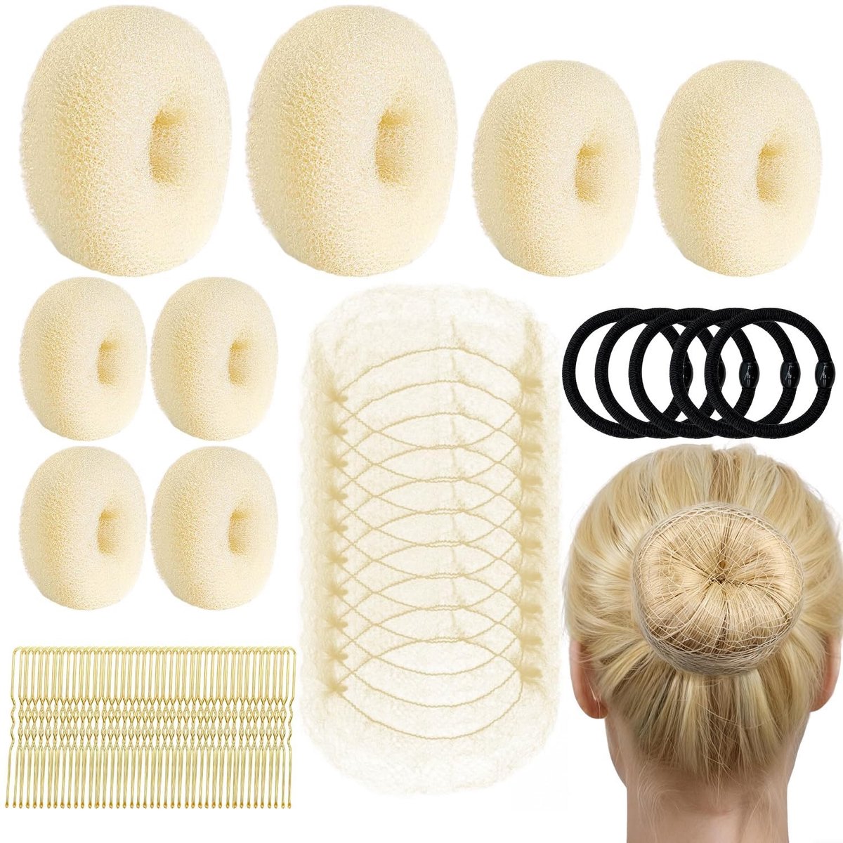 Dailygoods- Haarbun-set 63-delig - Haarspeldjes - Elastische banden - Haardonut - Korte bob met pony - Lichtgewicht en duurzaam materiaal