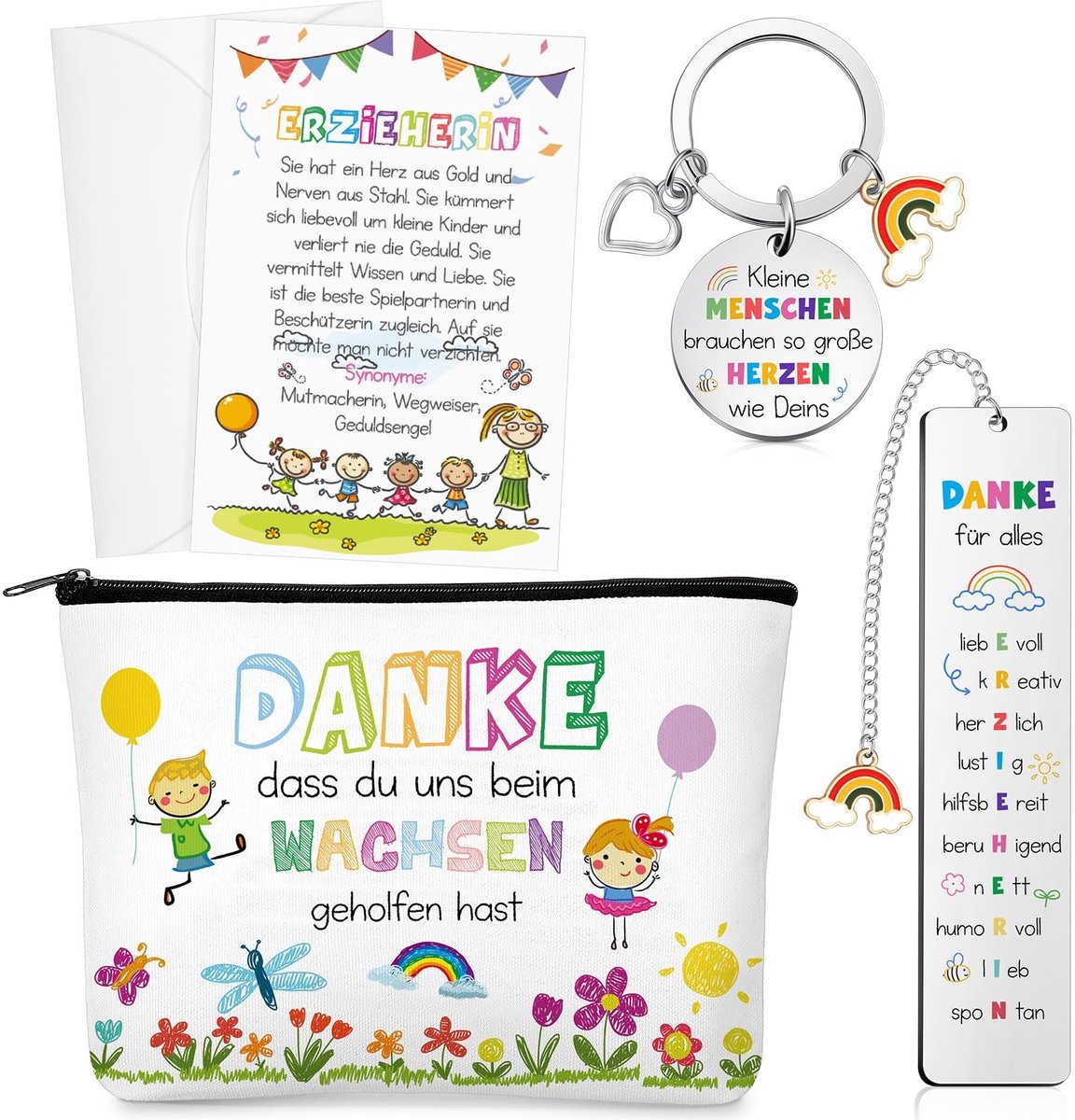 Dailygoods- Bedankcadeaus Set van 5 - Cadeauset voor Opvoeders - Sleutelhanger met Gravure - Metalen Bladwijzer - Make-uptas - Bedankkaart met Envelop