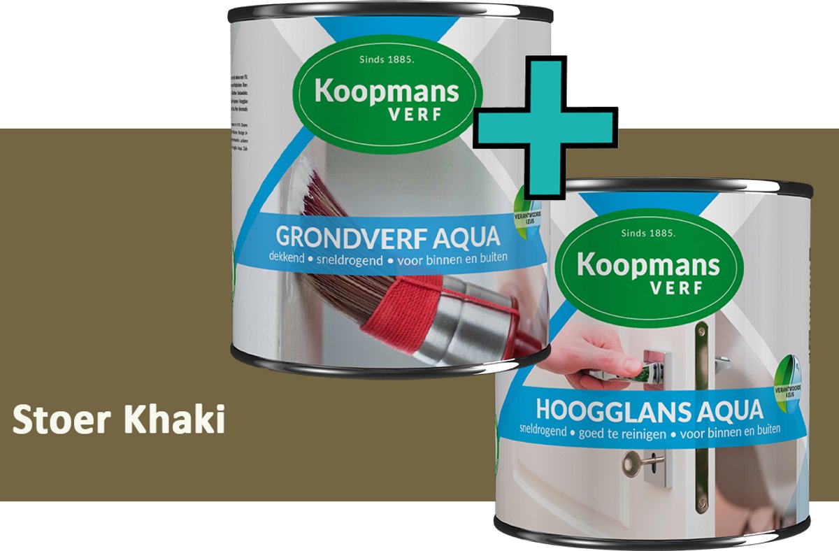 Koopmans Grondverf Aqua en Hoogglans Aqua Verfset - Binnen en Buiten - Stoer Khaki - 2x 1,5 l