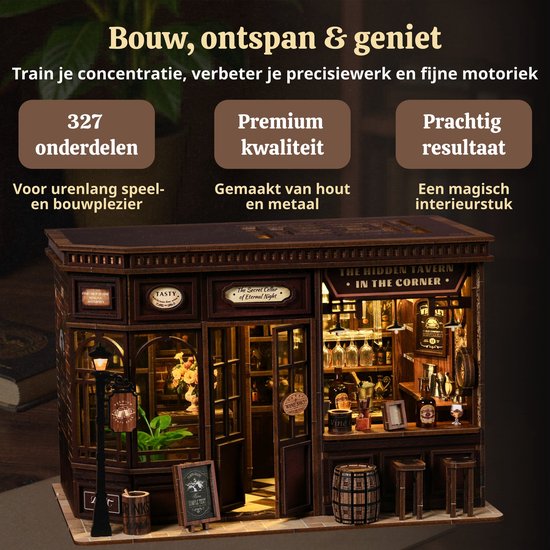 De Lumann 3D puzzel 'Corner Tavern' in elkaar gezet, met tekst over de 327 onderdelen en premium kwaliteit. Tekst: 'Bouw, ontspan & geniet, 327 onderdelen, Premium kwaliteit, Prachtig resultaat'