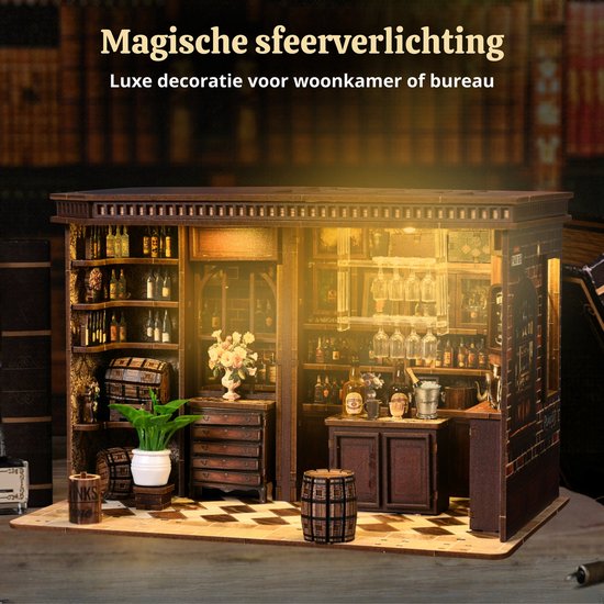 Lumann 3D puzzel van een hoekcafé interieur met verlichting, met schappen vol flessen en glazen. Tekst: 'Magische sfeer, Luxe decoratie'
