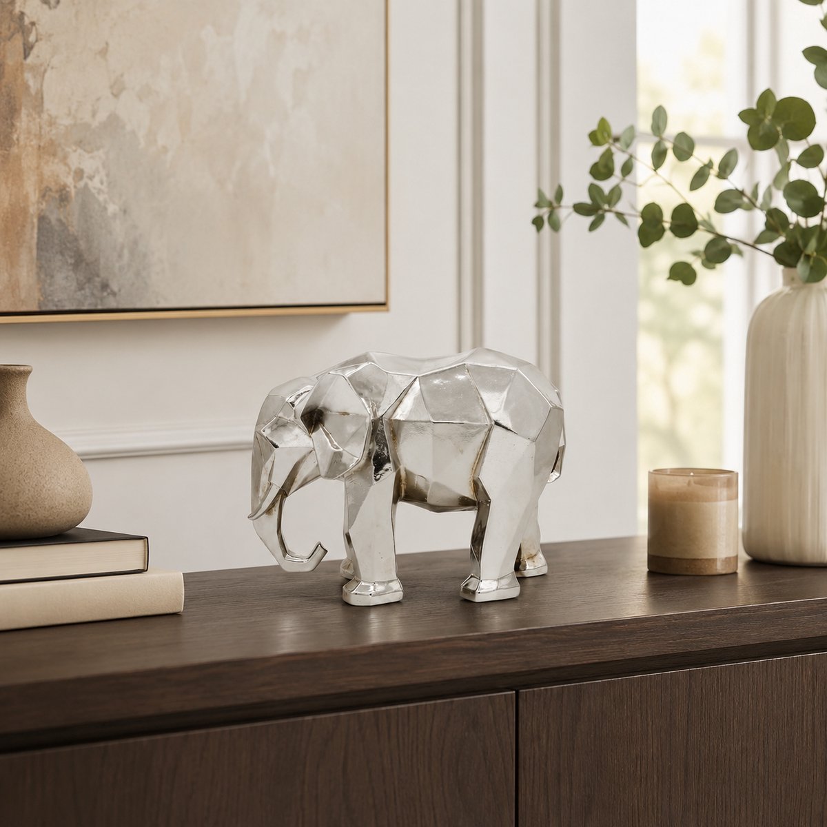 Zirkle Geometrisch Olifant Beeld Zilverkleurig – Luxe Dierenbeeld Polyresin 25x13x18 cm – Modern Decoratief Ornament – Zilveren Olifant Woondecoratie – Beeldje voor Woonkamer, Dressoir, Kast, Bureau & Kantoor – Cadeau Decoratie