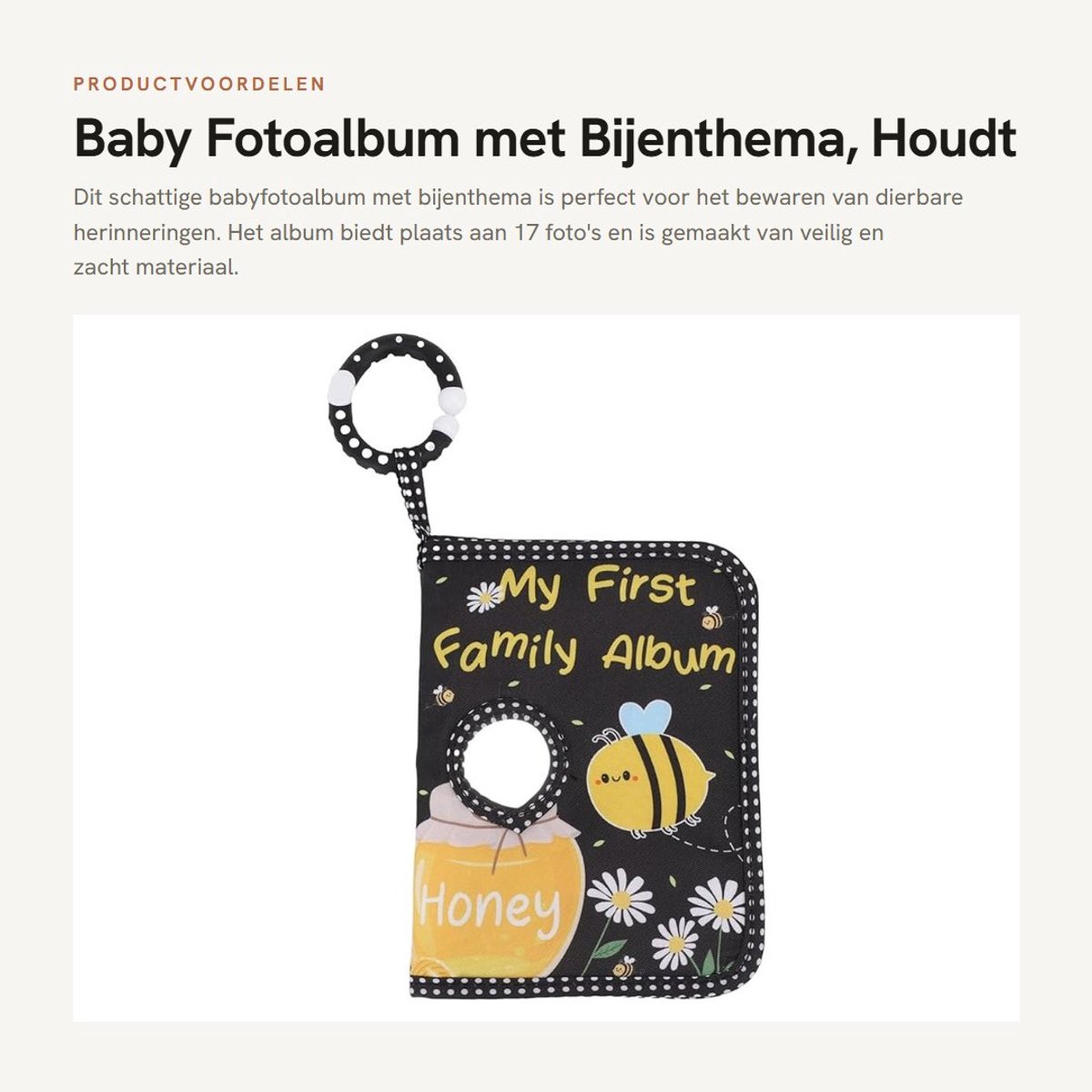 Dailygoods- Fotoalbum Zacht - Babyfotoalbum - Bijenthema - 17 Foto's - Veiligheidsspiegels - Compact 18,5 x 14 cm - Babyboek