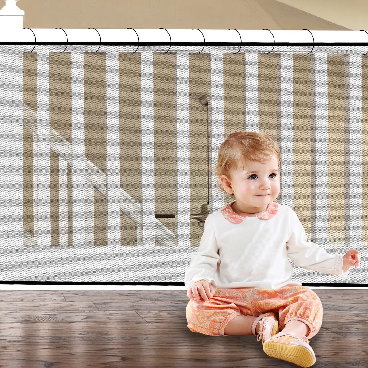 Dailygoods- Trapbeschermingsnet 3 m x 78 cm - Veiligheidsnet - Veiligheidsnet voor Trappen - Beschermnet voor Kinderen - Hoogwaardig Mesh - Inclusief Clips en Touwen