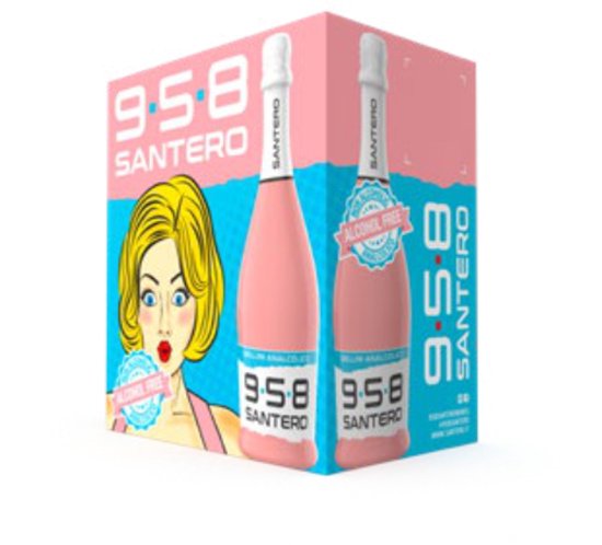 Santero 958 Bellini, alcoholvrij, in verpakking met popart-afbeelding.