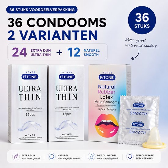 Doos met 24 'Ultra Thin' condooms en een doos met 12 'Natural Rubber Latex' condooms.