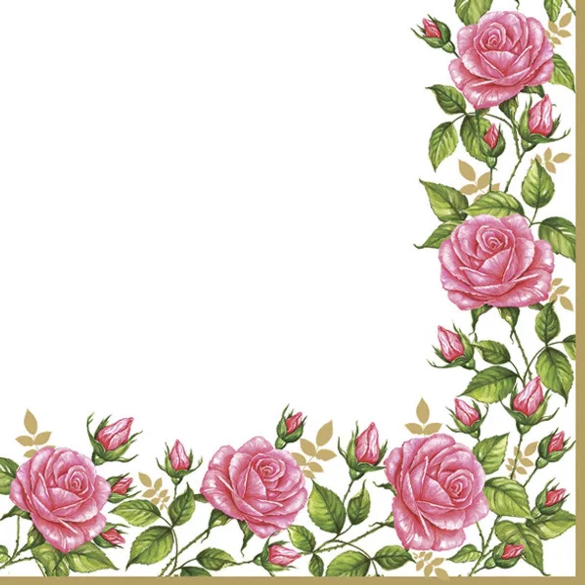 40 Servetten - Bloemenrand met Tuin Rozen - Flower Frame with Garden Roses - Op een witte achtergrond - Roze - Groen - Goud - 33 x 33 cm - 3-Laags - Daisy