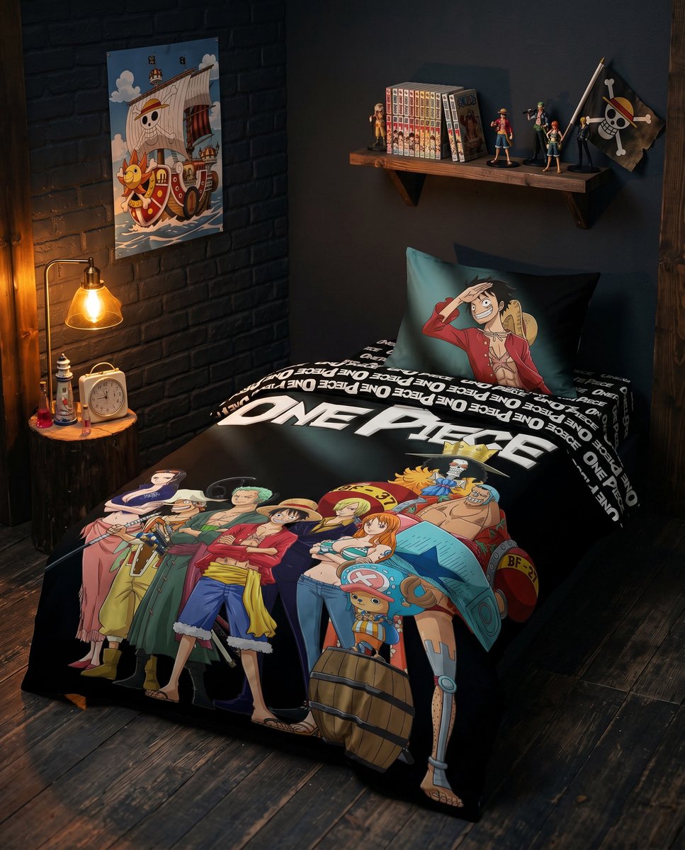 One Piece Beddenset 3 Stuks – dekbedovertrek 140x200 Polykatoen + Kussensloop 65x65 + Hoeslaken 90x200 Katoen