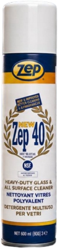 Zep 40 Glasreiniger spuitbus, zilver, blauw en geel met "NEW Zep 40" logo en gouden lauwerkrans.