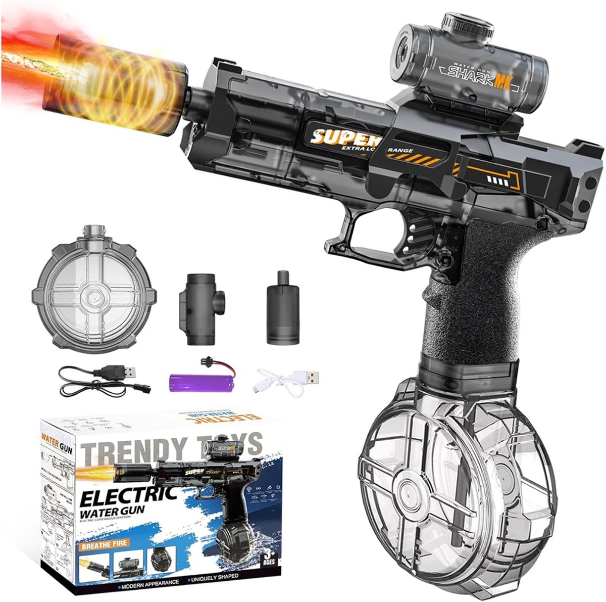 Oplaadbare Elektrische Waterblaster - Realistische LED-Verlichting 320ml Inhoud - Speeltijd 35 Minuten - Schietbereik: 3-5 Meter - Duurzaam ABS - Plezier in De Tuin En Op Het Strand - Grijs