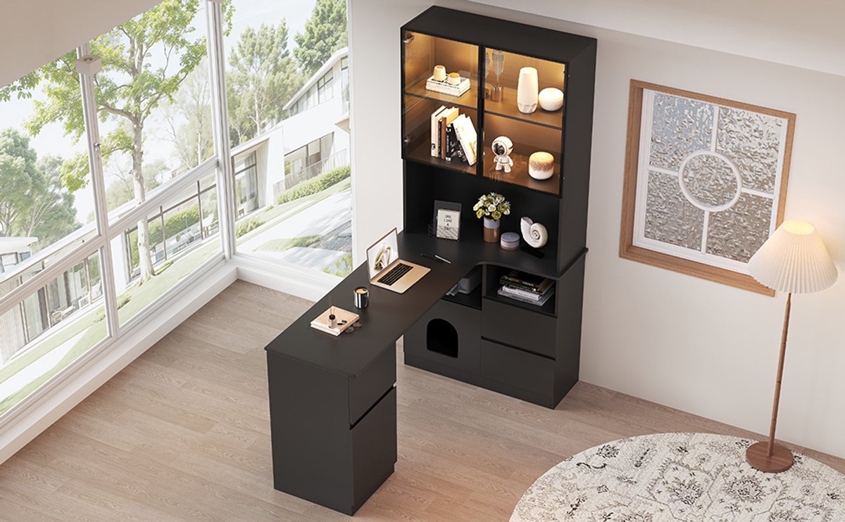 Hoekbureau Computerbureau Bureau LED Kast MDF Zwart N880 Opbergruimte