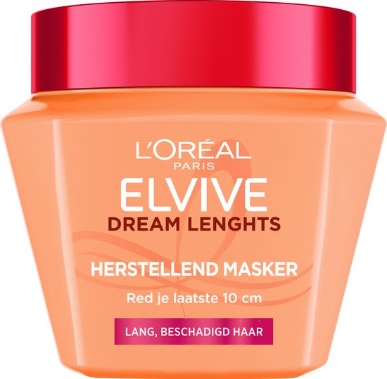 L'Oréal Paris Elvive Dream Lengths Herstellend masker pot met oranje deksel, voor lang, beschadigd haar.