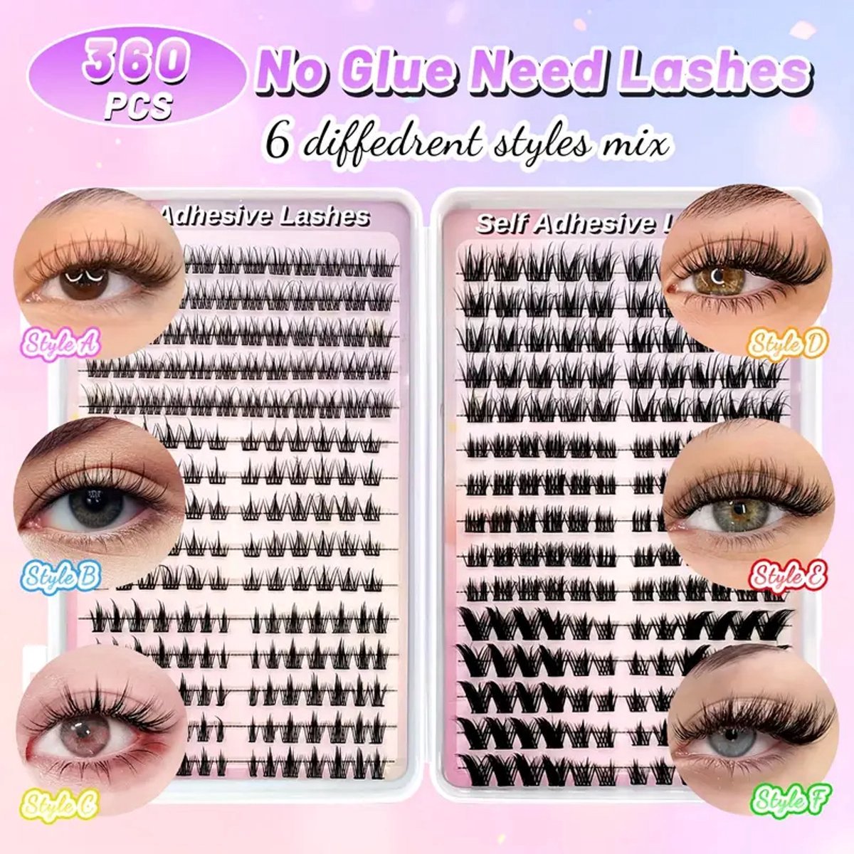 @ Lu’s Today® – Basic Beauty Essentials – Wimperkit – 360 Zelfklevende Wimperclusters – 6 Gemengde Stijlen – Lijmvrij – Natuurlijk Effect – D‑krul 6 t/m 14 mm – In Bewaardoosje