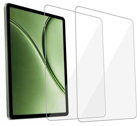 Drie screenprotectors op een rij, links een tablet met groen scherm.