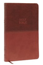 Bronzen Bijbel met 'HOLY BIBLE' op de voorkant, verdeeld in twee tinten bruin met stiksel.
