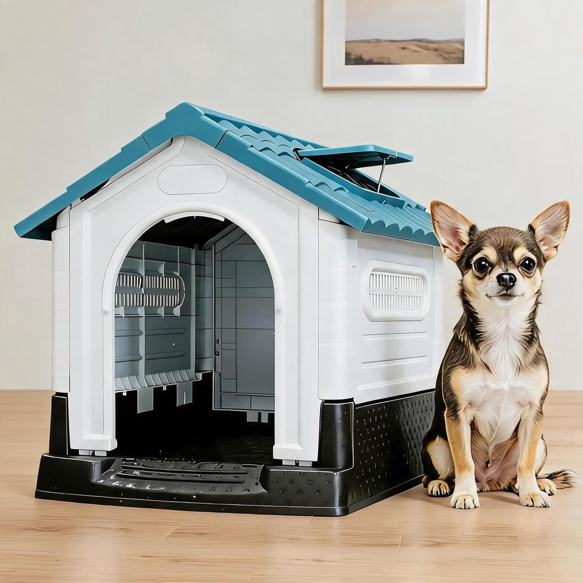 Grote hondenhok voor buiten met ventilatieopeningen en verhoogde vloer voor middelgrote tot grote honden - Waterdicht hondenhok van kunststof met schuin dak - Gemakkelijk schoon te maken en in elkaar te zetten - Blauw - 66×64×49 cm